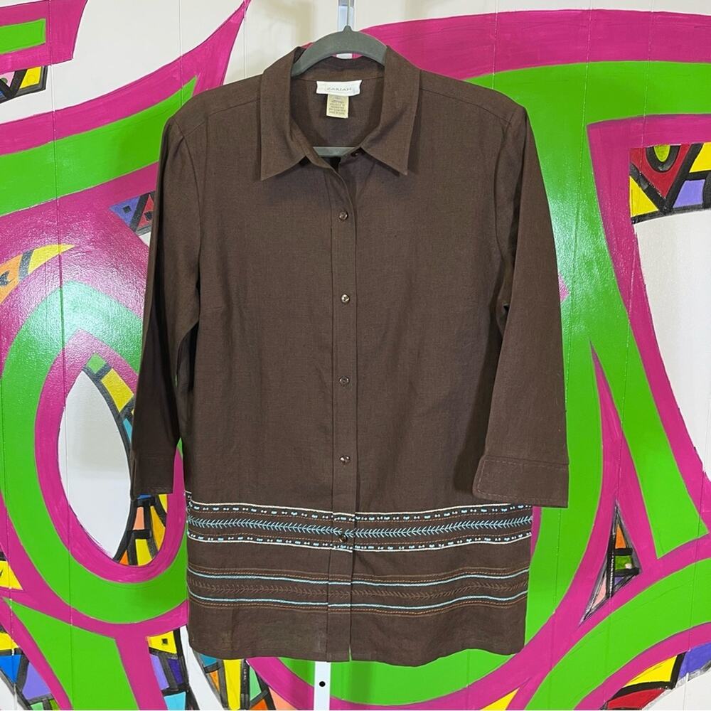 Zariah, Linen Beaded Detail Long Sleeve button Down Shirt. Size Large. Pristine!